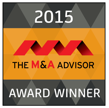 2015 the m&a advisor award winner badge featuring a bold, graphic design with red mountain peaks.