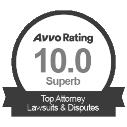 An avvo badge displaying a perfect 10.0 'superb' rating for a top attorney in lawsuits and disputes.