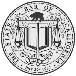 The seal of the state bar of california, featuring a bear on top of the state seal, with scales of justice, a gavel, and a scroll, surrounded by the organization's name and date of establishment, july 29th, 1927.