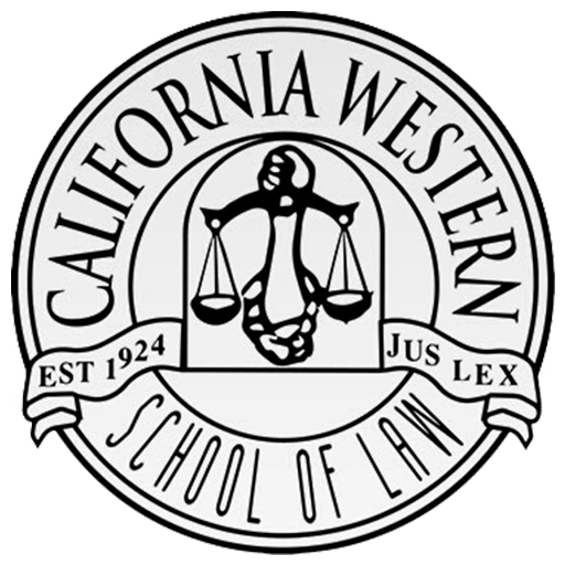 Emblem of california western school of law featuring scales of justice and latin motto 'jus lex,' established in 1924.