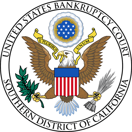 The official seal of the united states bankruptcy court for the southern district of california, featuring a bald eagle with outstretched wings, holding an olive branch and arrows, behind a shield with red and white stripes, under a blue circle of stars encased in a golden ring, with a banner reading "e pluribus unum" and the court's name circling the edges.