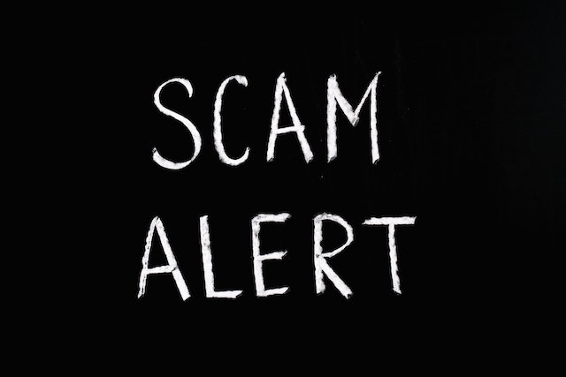 black background with "scam alert" written
