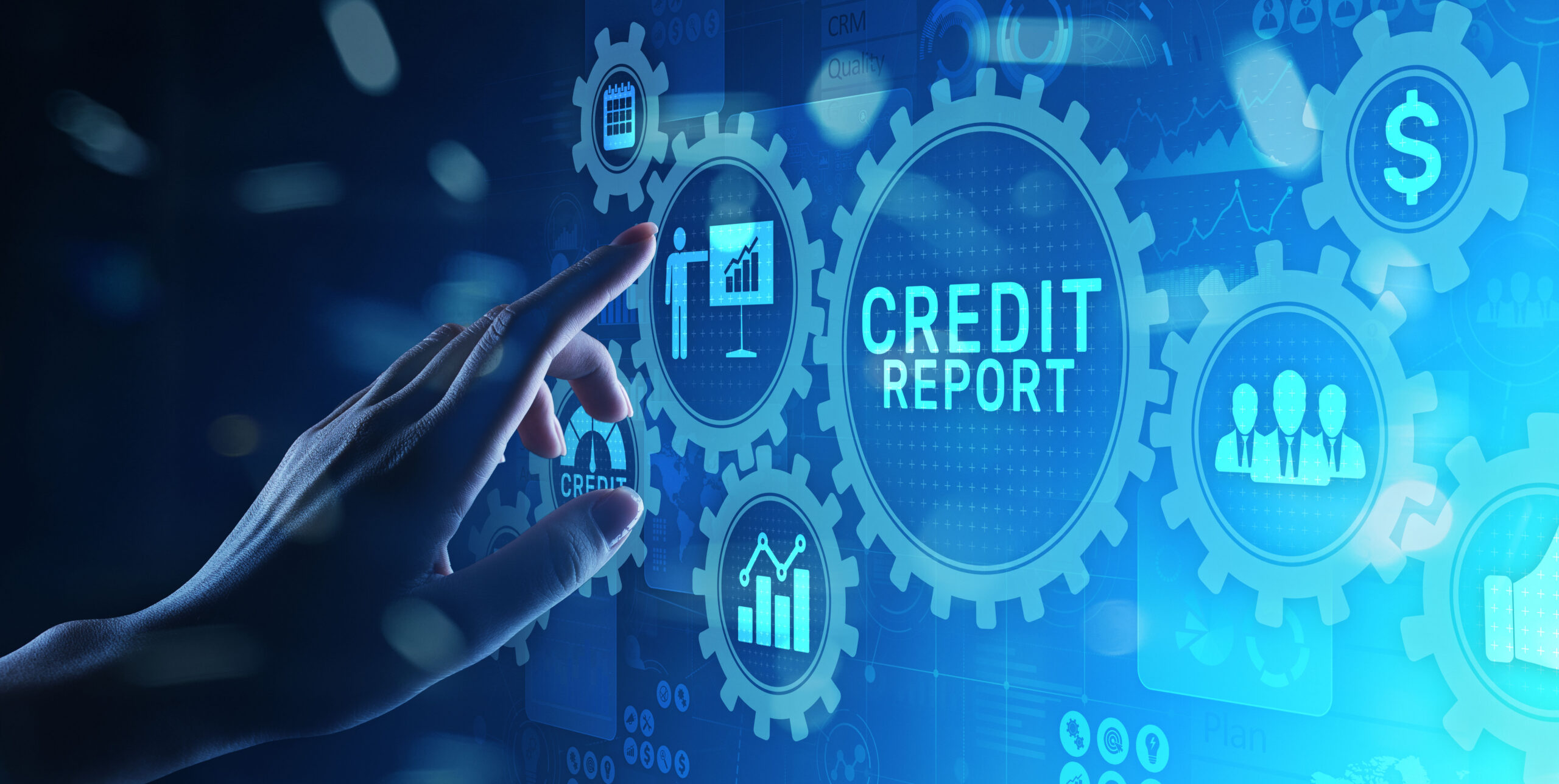 Credit report score button on virtual screen. Business Finance concept